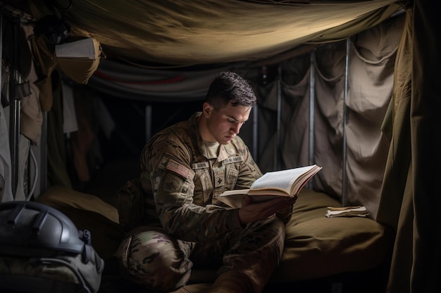 Photo un soldat lisant un livre dans sa caserne pendant les temps morts ai générative