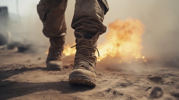 Un soldat marchant dans une zone de guerre en feu Les jambes d'un soldat des forces spéciales militaires en bottes