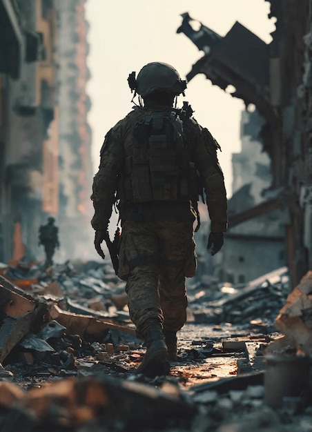 Photo un soldat marche dans les décombres d'une ville détruite.