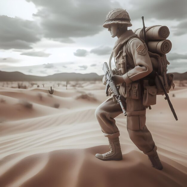 Photo le soldat marche à travers le sable du désert déterminé inébranlable au milieu des conditions difficiles incarné