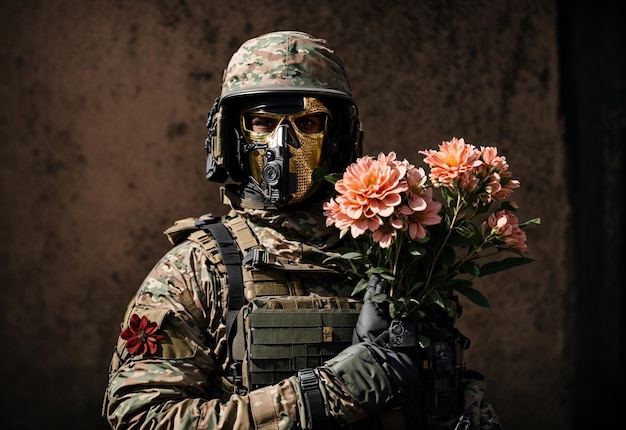 Photo un soldat masqué tenant une fleur.