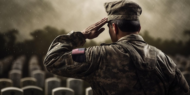 soldat militaire salut à la tombe avec fond de jour commémoratif du drapeau américain