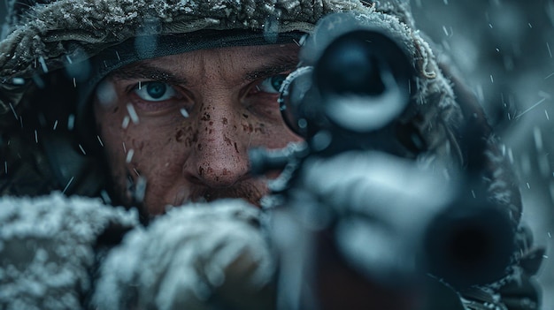 Un soldat avec une mitrailleuse dans une tranchée dans une position de combat pendant une mission de combat en hiver