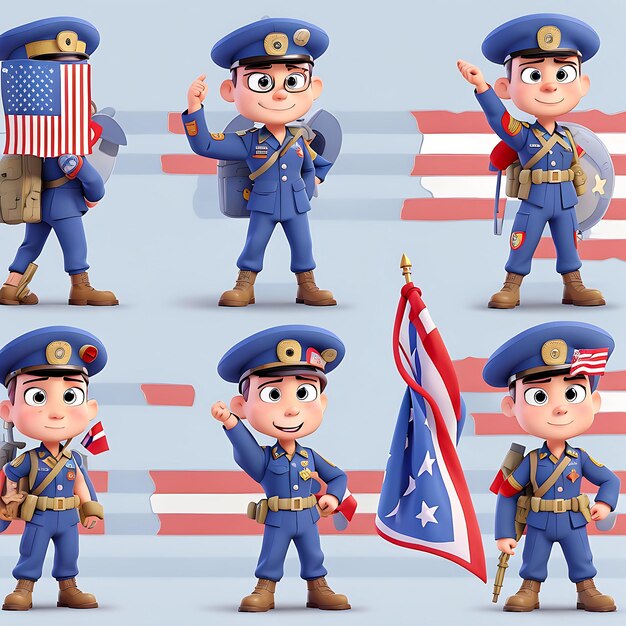 Soldat mitrailleuse en uniforme personnage de dessin animé avec drapeau national des États-Unis