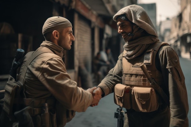 Un soldat musulman et un soldat occidental se donnent la main pour la paix.