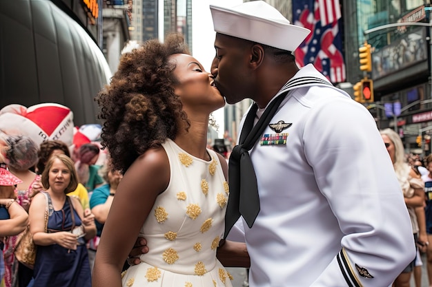 Un soldat noir d'infanterie marine embrasse sa petite amie au carré.