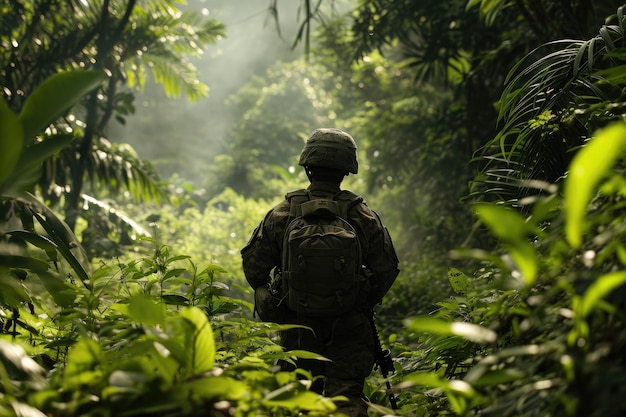 Un soldat en patrouille dans une jungle dense Ai généré