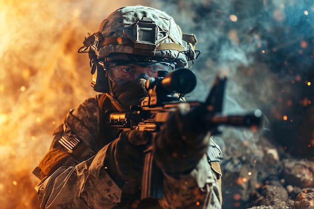 un soldat avec un pistolet devant un feu