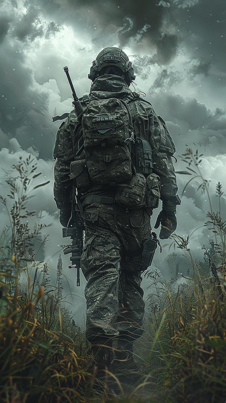 Photo un soldat avec un pistolet à la main marche à travers un champ