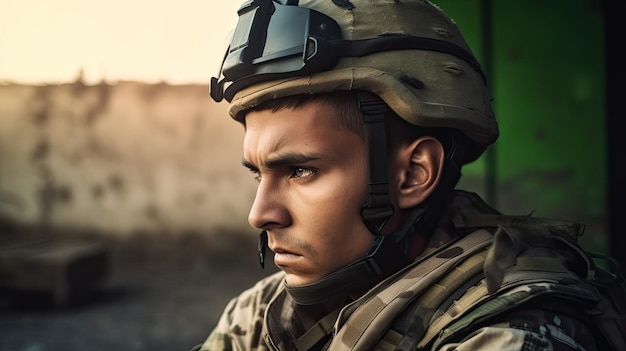Un soldat portant un casque est assis devant un camion vert.