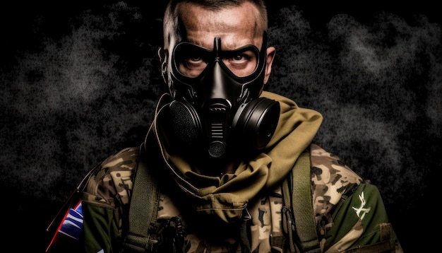 Un soldat portant un masque à gaz se tient devant un fond sombre.