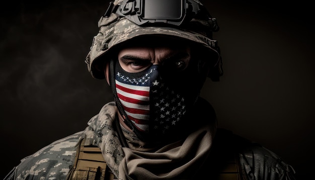 Un soldat porte un masque facial avec le drapeau américain dessus.