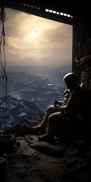 Photo un soldat prend une photo d’une ville depuis le hublot d’un avion.