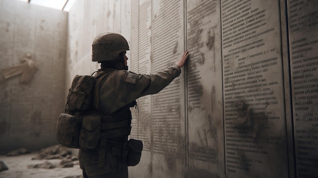 Un soldat rend hommage à ses camarades décédés tout en regardant une fresque commémorative avec leurs noms