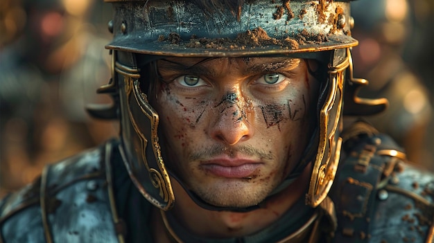 Un soldat romain vêtu d'une armure et d'un casque