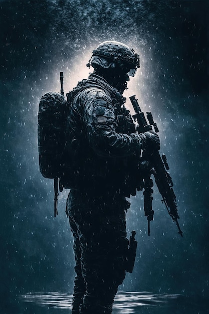 Un soldat avec un sac à dos et un sac à dos se tient sous la pluie.