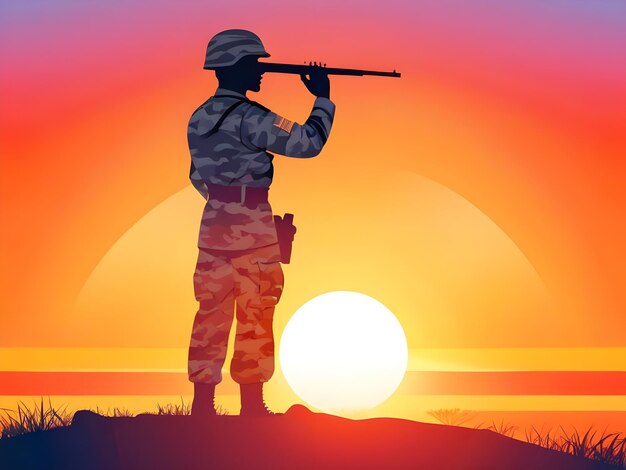 Un soldat saluant dans le contexte d'un coucher de soleil le jour du Mémorial