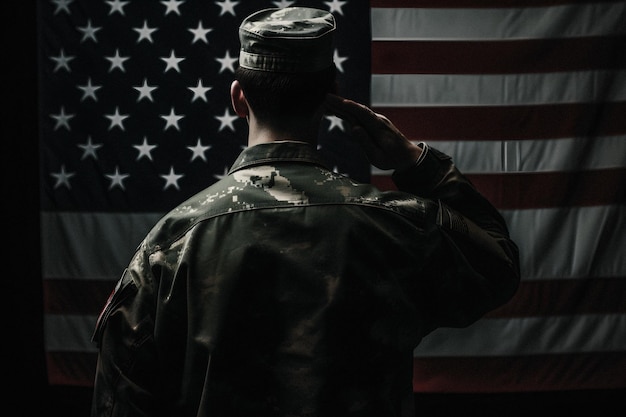 Un soldat saluant devant un drapeau