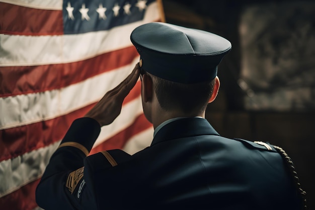 Un soldat saluant devant un drapeau