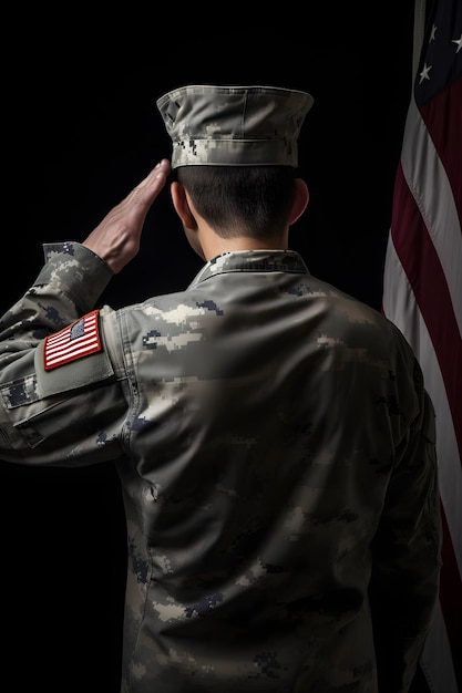 Un soldat saluant devant un drapeau