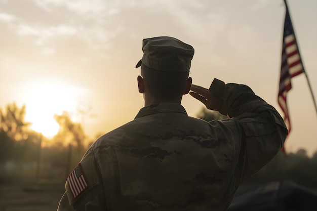 Un soldat salue le soleil au coucher du soleil