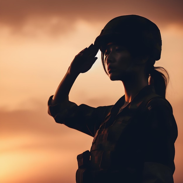 Photo soldat salut silhouette sur ciel coucher de soleil armée de guerre concept de garde militaire journée des forces armées gène