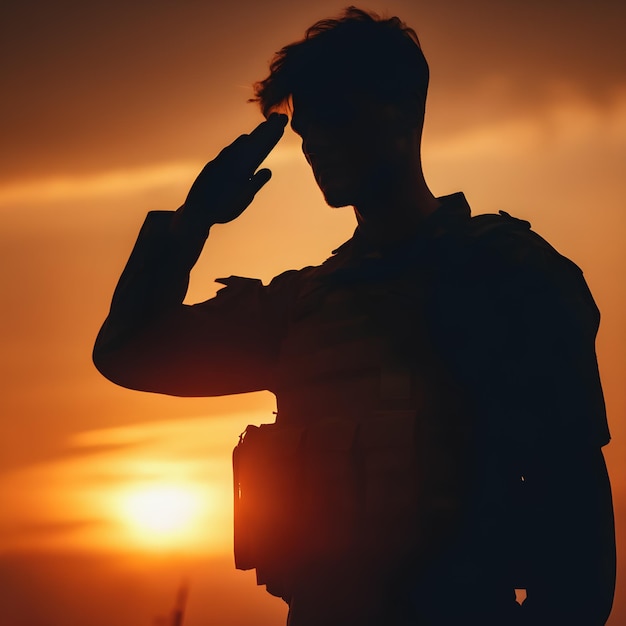 Photo soldat salut silhouette sur ciel coucher de soleil armée de guerre concept de garde militaire journée des forces armées gène