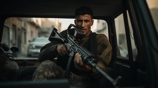 Photo un soldat de scène cinématographique avec une mitrailleuse dans une camionnette