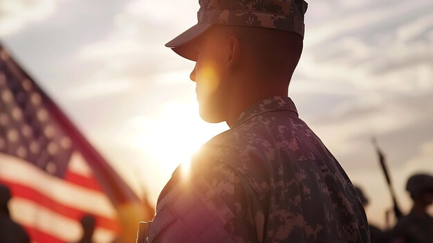 Photo un soldat se tient à l'attention pendant une cérémonie de flagellation le soleil se couche derrière lui jetant une lueur chaude sur la scène