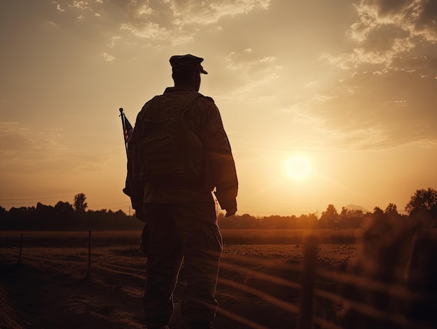 Un soldat se tient dans un champ avec le soleil se couchant derrière lui.