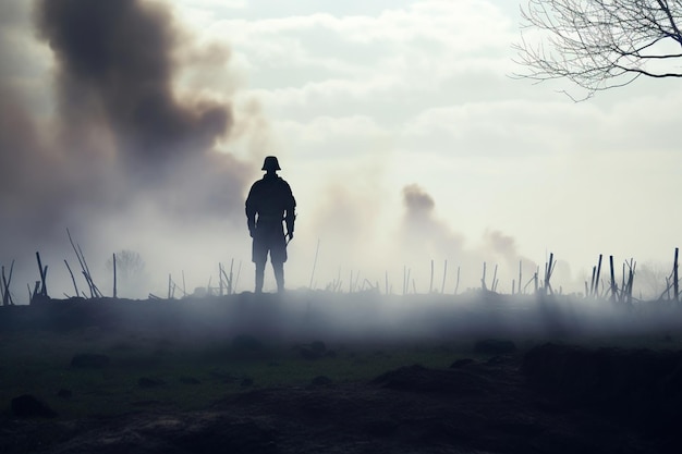 Un soldat se tient devant un ciel enfumé.