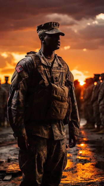 un soldat se tient devant un coucher de soleil avec d'autres soldats