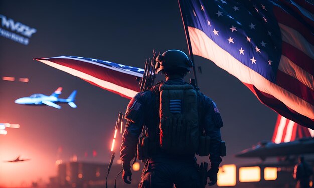 Photo un soldat se tient devant un drapeau américain et un avion vole en arrière-plan.