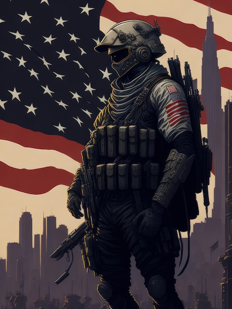 Un soldat se tient devant un drapeau qui dit "soldat américain"