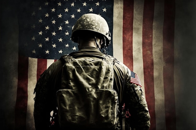 Un soldat se tient devant un drapeau qui dit 'u. s. armée '
