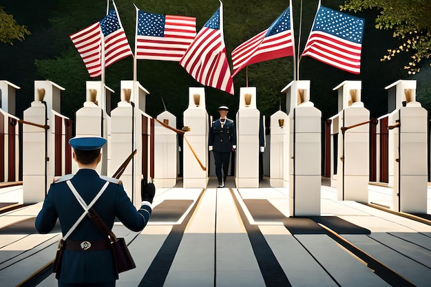 Un soldat se tient devant des drapeaux qui disent les États-Unis d'Amérique.