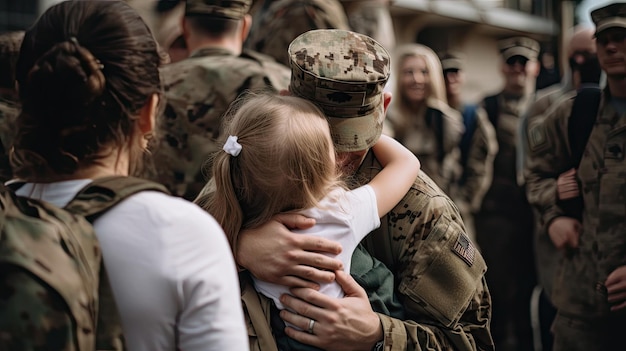 Soldat serrant son enfant dans ses bras pour l'adieu