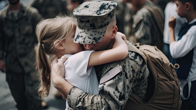 Un soldat serrant son enfant dans ses bras pour lui dire au revoir.
