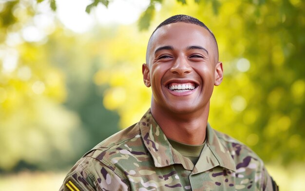 Photo soldat souriant heureux avec camouflage dans le parc