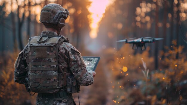 Un soldat avec une tablette dans les mains contrôle un quadcopter de patrouille Armes militaires modernes