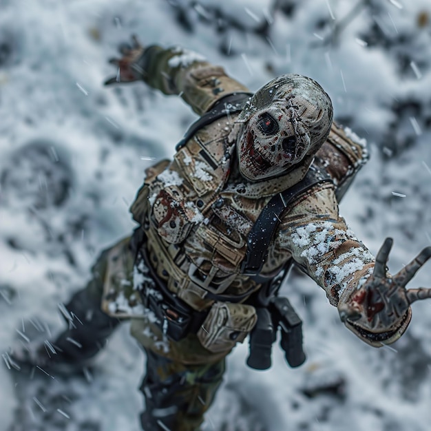 un soldat avec une tache blanche sur son bras est couvert de neige