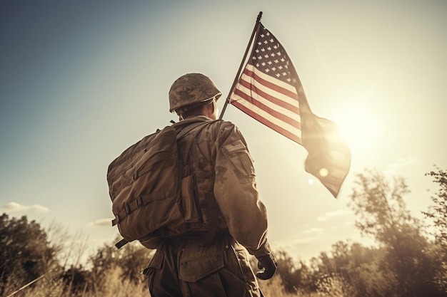 Un soldat tenant un drapeau dans un champ