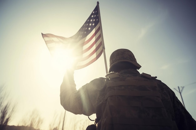 Un soldat tenant un drapeau devant le soleil