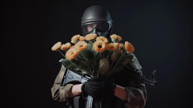 Un soldat tenant des fleurs devant un fond noir