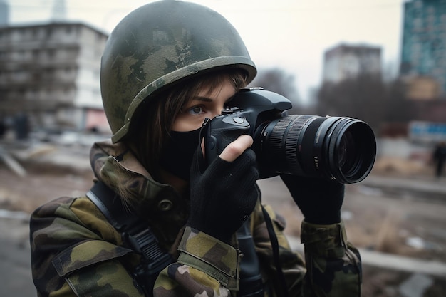 Un soldat en tenue de camouflage prend une photo d'un photographe.