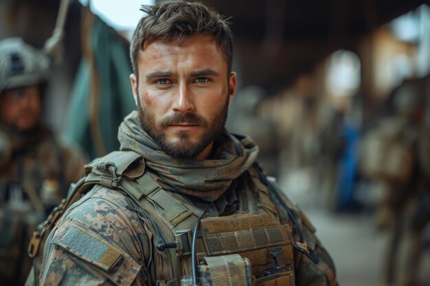 Un soldat en tenue de combat debout en garde avec une expression sérieuse