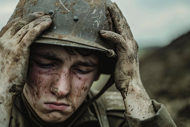 Photo le soldat tient la tête dans les mains