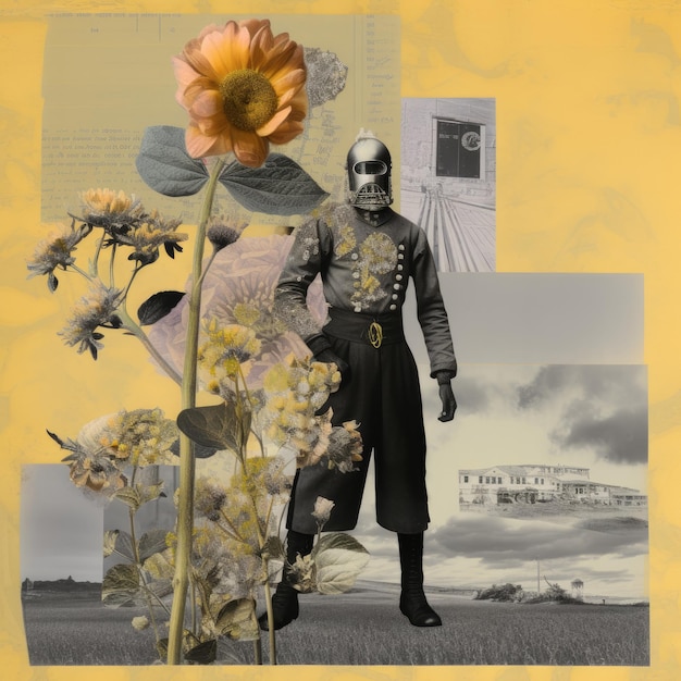 soldat tournesol collage abstrait scrapbook jaune rétro vintage illustration surréaliste