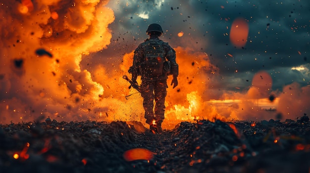 Un soldat traverse le champ de bataille pendant une mission de combat.