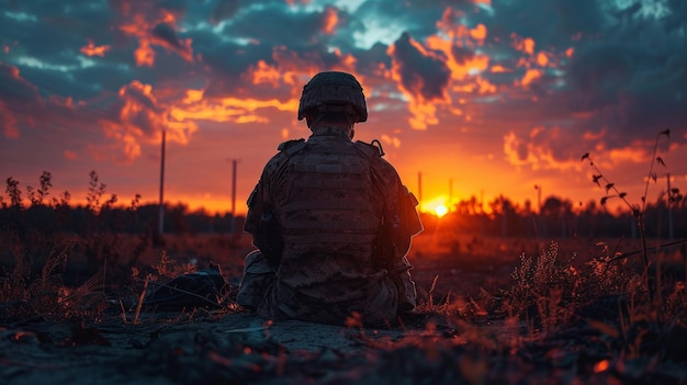 Un soldat triste au coucher du soleil dans un champ Jour de sensibilisation au trouble de stress post-traumatique